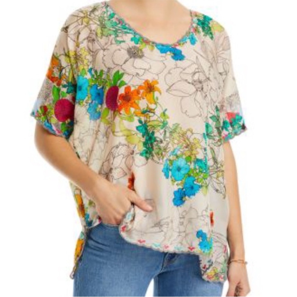 Johnny Was Sequence Halsey Top XL Cream 100% Silk Floral Scalloped Blouse Tunic - Picture 2 of 10